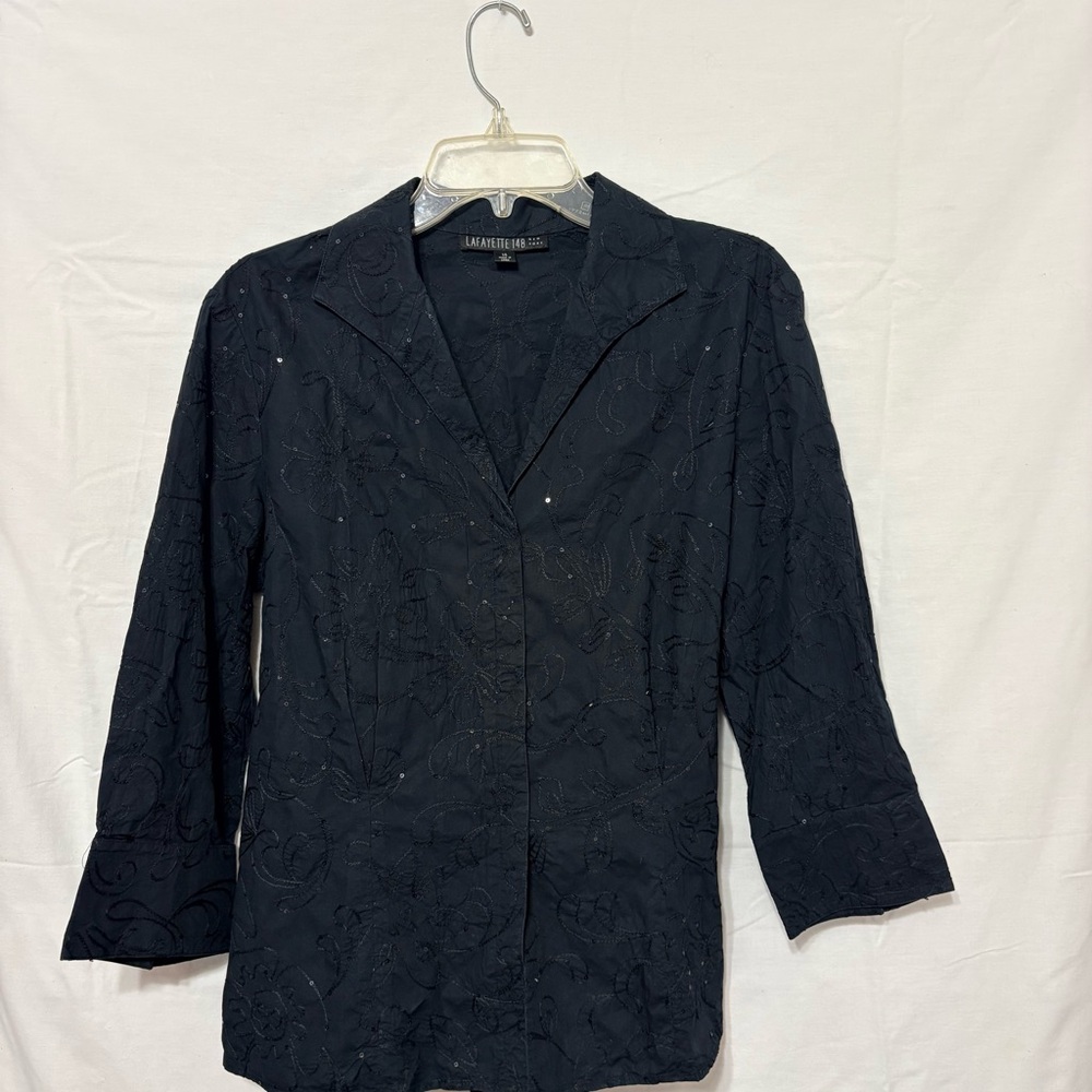 Lafayette 148 New York black sequin top with a button-down front and tie-wrap